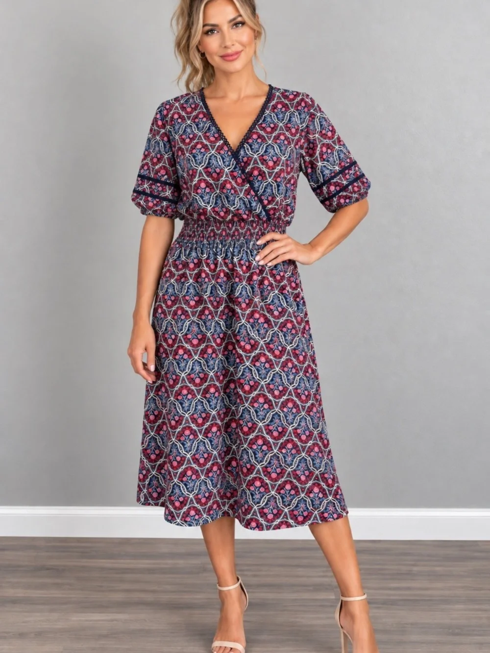 Draper James Smocked Waist V-Neck Midi Dress Navy Pink Floral w/pockets Large